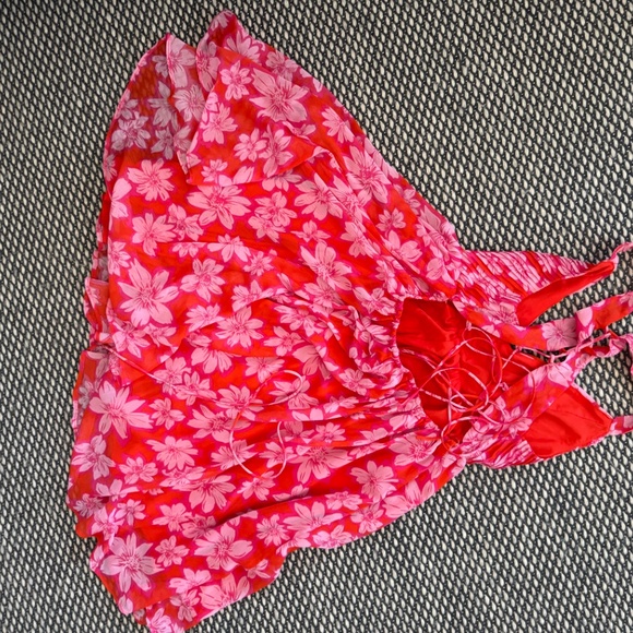 Promesa summer dress, lace up back red and pink small - Picture 2 of 3
